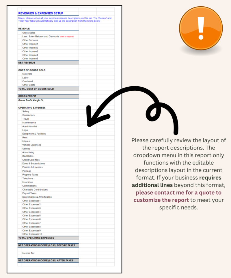 Revenue and expense description setup: the report descriptions can be edited within the current layout. Businesses that need more lines can ask for a quote to customize the report.