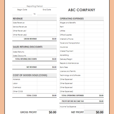 A blank two-column profit and loss statement template.