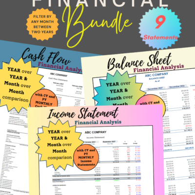 Personal (3) Financial bundle of 9 statements: cash flow, balance sheet and income statement financial analyses with year-over-year and month-over-month comparisons, filtered by any month between two years, with current and prior year monthly statements.