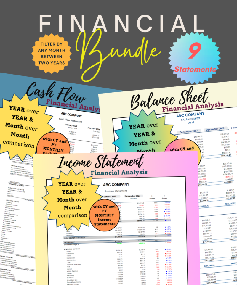 Personal (3) Financial bundle of 9 statements: cash flow, balance sheet and income statement financial analyses with year-over-year and month-over-month comparisons, filtered by any month between two years, with current and prior year monthly statements.