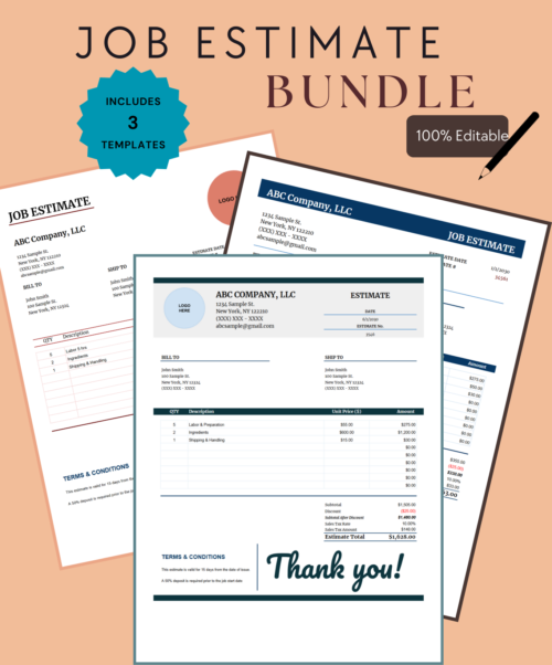 Job estimate bundle of 3 editable templates, each with bill-to and ship-to details, line items, discount, sales tax, estimate total and terms and conditions.