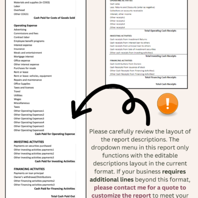 Cash flow report descriptions can be edited within the current layout. Businesses that need more lines can ask for a quote to customize the report.