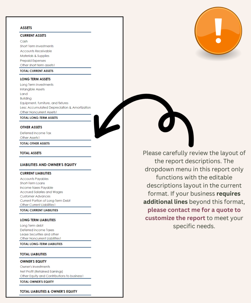 Balance sheet report descriptions can be edited within the current layout. Businesses that need more lines can ask for a quote to customize the report.