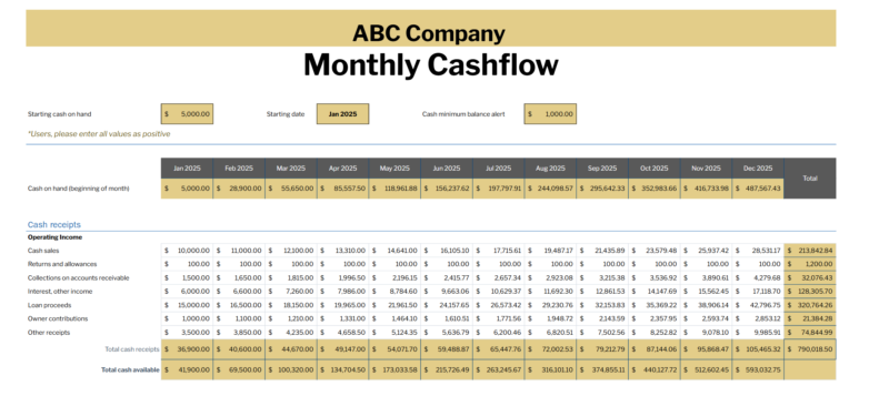 Screenshot 2025-02-27 105737 Monthly cash flow in gold for a sample company: starting cash, starting date, minimum balance alert, cash on hand by month and cash receipts.