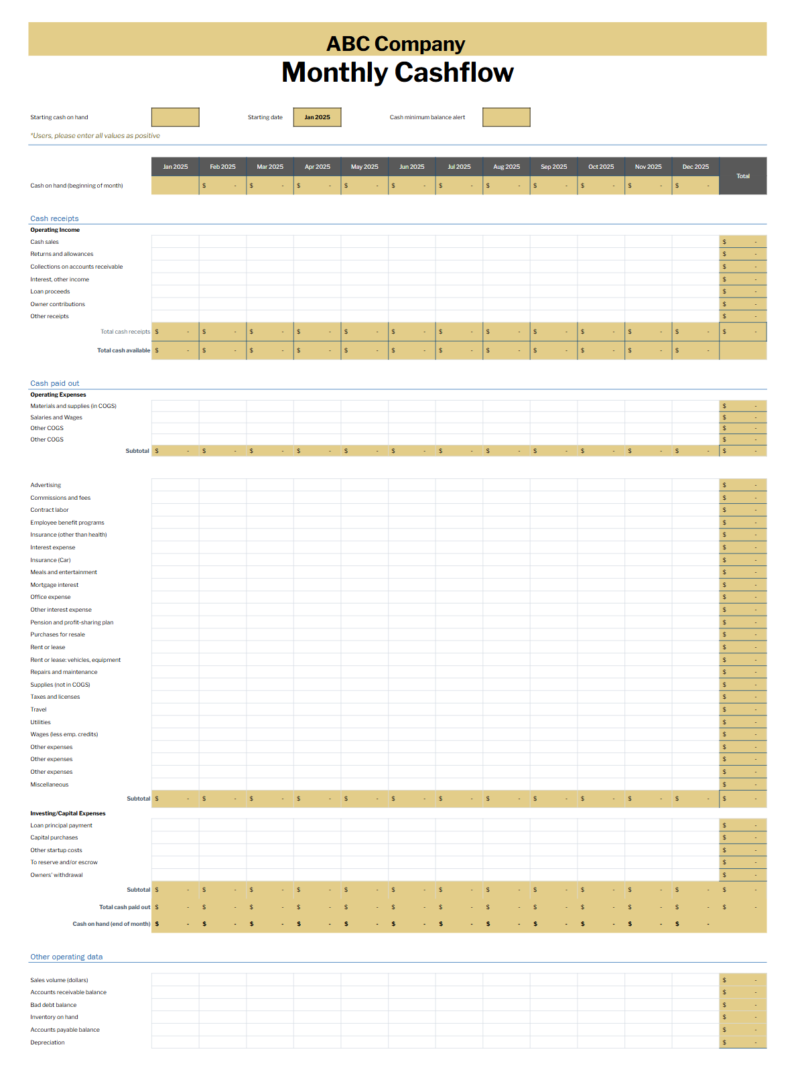 Screenshot 2025-02-27 110613 A blank monthly cash flow template in gold.