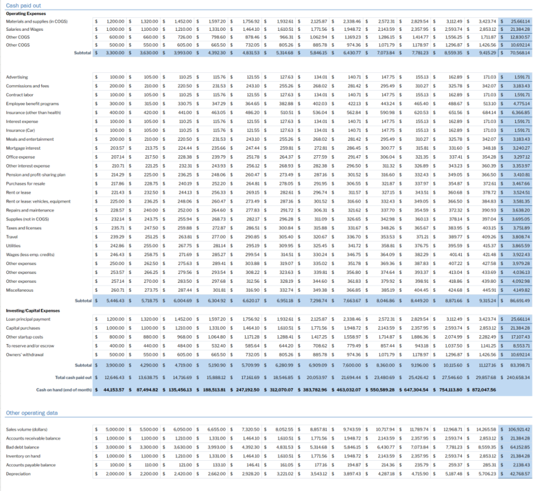 Screenshot 2025-02-27 163309 Monthly cash flow close-up: cash paid out by expense type, investing and capital expenses, cash on hand at the end of each month, and other operating data.