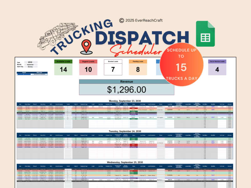 Trucking dispatch scheduler for up to 15 trucks a day in Google Sheets: counts of available, urgent, booked, pending and out-of-service loads, revenue, and a daily schedule of drivers, trucks and loads.