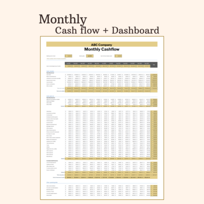 Trucking Spreadsheet Monthly cash flow with a dashboard, in gold: cash at the beginning of each month, cash receipts, cash paid out by category, investing and financing activities, and cash at the end of each month for 12 months.
