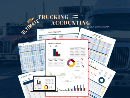 Trucking Spreadsheet (5) Ultimate Trucking Accounting: a collage of its sheets, including the financial overview dashboard, load search, profit and loss, comparative profit and loss, weekly overview, and miles and fuel summary.