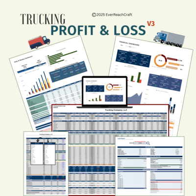 Trucking Profit and Loss V3: a collage of its sheets, including the daily and weekly dashboard, financial dashboard, profit and loss analysis and load search.