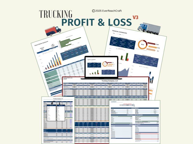 Trucking Profit and Loss V3: a collage of its sheets, including the daily and weekly dashboard, financial dashboard, profit and loss analysis and load search.