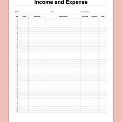 Printable income and expense ledger: month, year and sheet number, with numbered rows for date, account, description, income, expense and total.