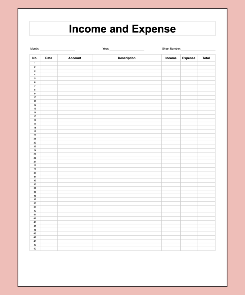 Printable income and expense ledger: month, year and sheet number, with numbered rows for date, account, description, income, expense and total.