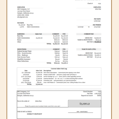 Sales commission earnings statement with year-to-date totals: base pay and commission rate, earnings, deductions, current and year-to-date pay, a sales unit log and a detachable check-style section.
