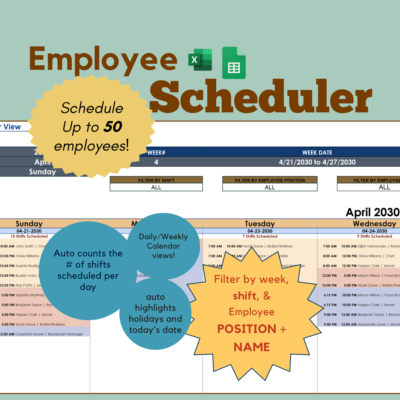 Employee scheduler in Excel and Google Sheets for up to 50 employees: a weekly calendar of shifts filtered by week, shift, employee position and name, with a shift count per day and holidays and today's date highlighted.