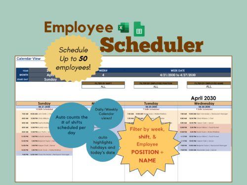 117 Employee scheduler in Excel and Google Sheets for up to 50 employees: a weekly calendar of shifts filtered by week, shift, employee position and name, with a shift count per day and holidays and today's date highlighted.
