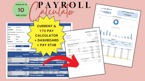 118 Payroll calculator for up to 10 employees with a pay stub: current and year-to-date pay for each employee, a dashboard with gross pay for all employees and per employee, and a sample earnings statement.