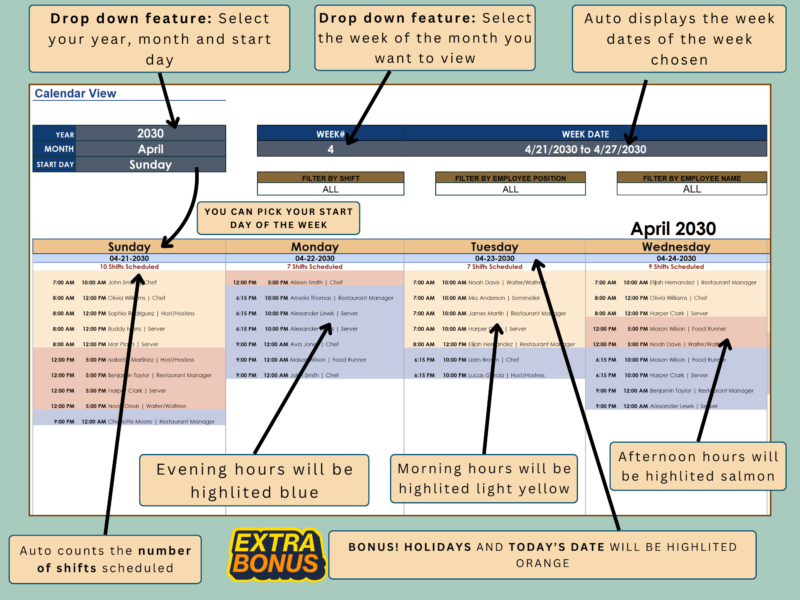 Employee scheduler calendar view: pick the year, month, start day and week; shifts are counted per day, morning, afternoon and evening shifts are colored, and holidays and today's date are highlighted.