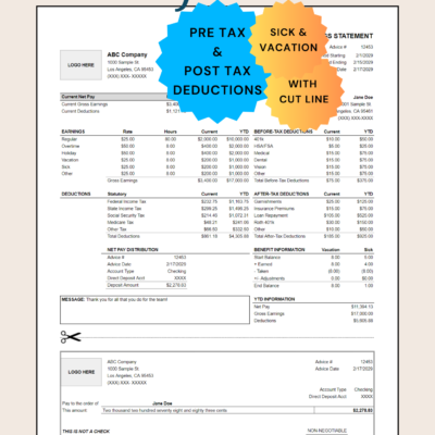 118 Pay stub with pre-tax and post-tax deductions, sick and vacation hours, and a cut line: earnings by type, statutory deductions, before-tax and after-tax deductions, net pay distribution, benefit hours, year-to-date totals and a message.