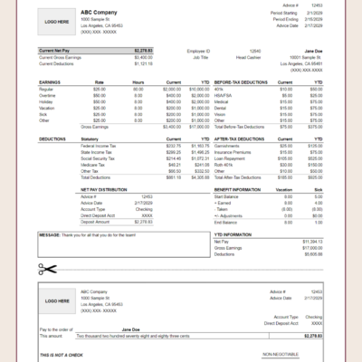 119 Earnings statement with logo spaces: current net pay, earnings, before-tax and after-tax deductions, net pay distribution, benefit information for vacation and sick, year-to-date information, a message and a detachable section.
