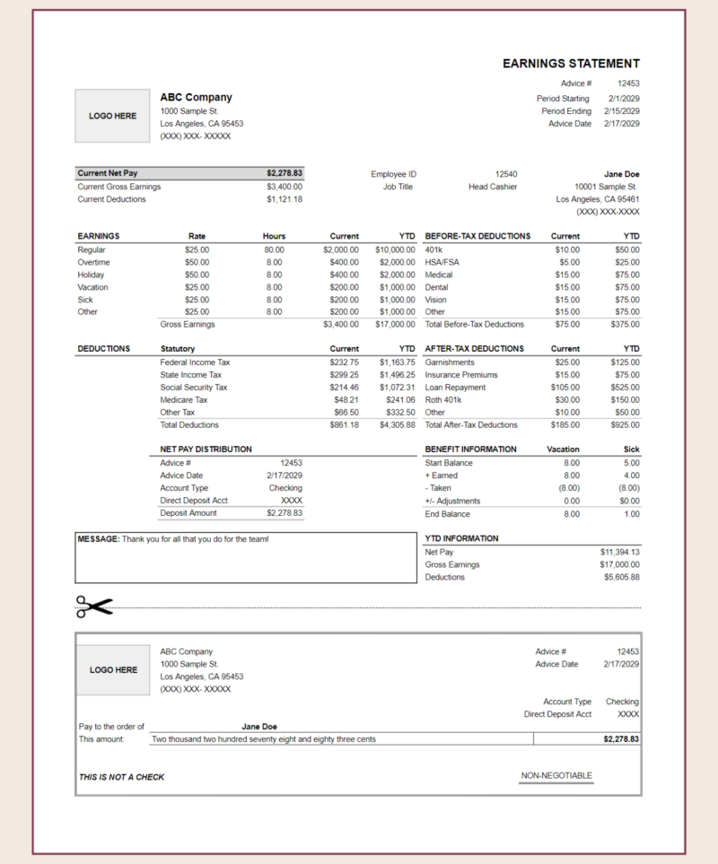 119 Earnings statement with logo spaces: current net pay, earnings, before-tax and after-tax deductions, net pay distribution, benefit information for vacation and sick, year-to-date information, a message and a detachable section.