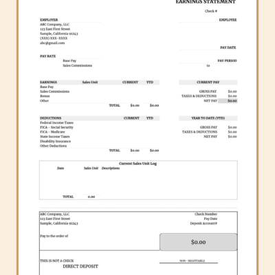 A blank sales commission earnings statement template with year-to-date totals.