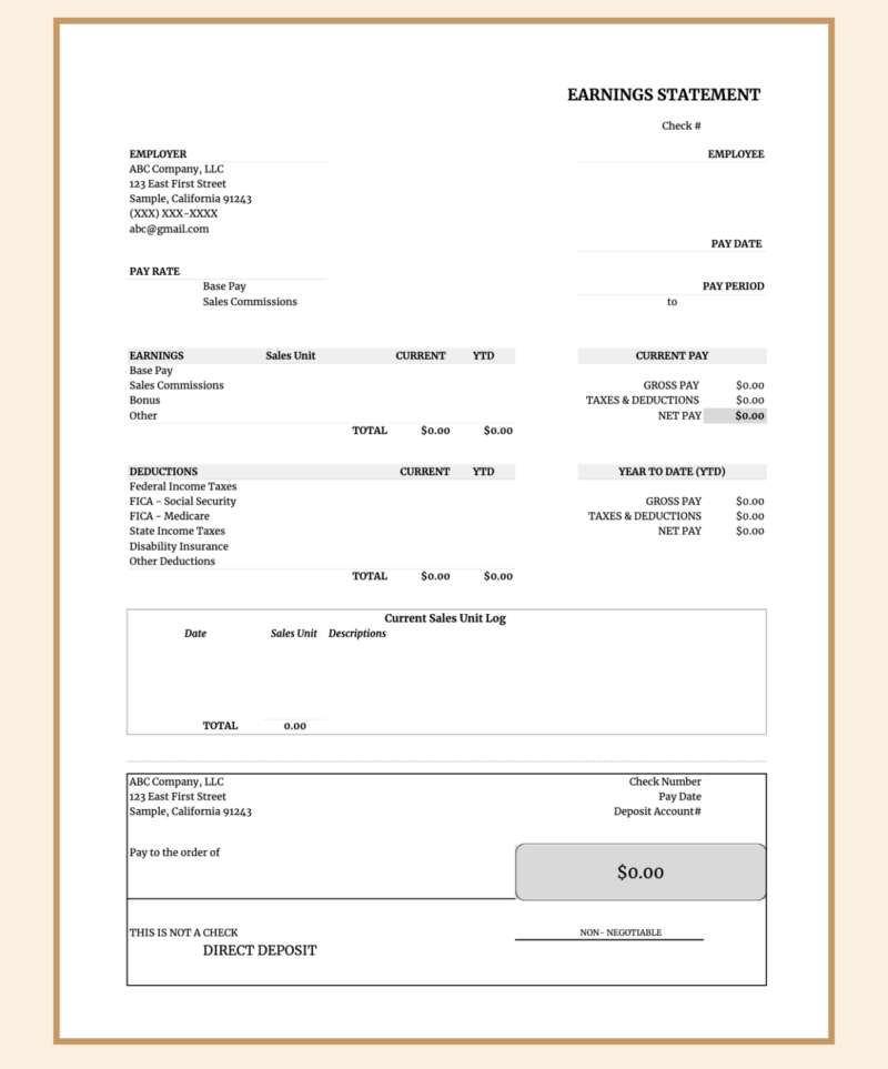 A blank sales commission earnings statement template with year-to-date totals.