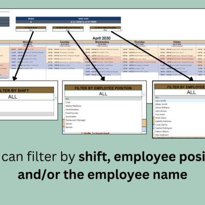 Filter the schedule by shift, employee position and employee name.