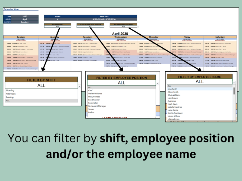 Filter the schedule by shift, employee position and employee name.