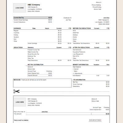120 A blank earnings statement template with before-tax and after-tax deductions, benefit information and a detachable section.