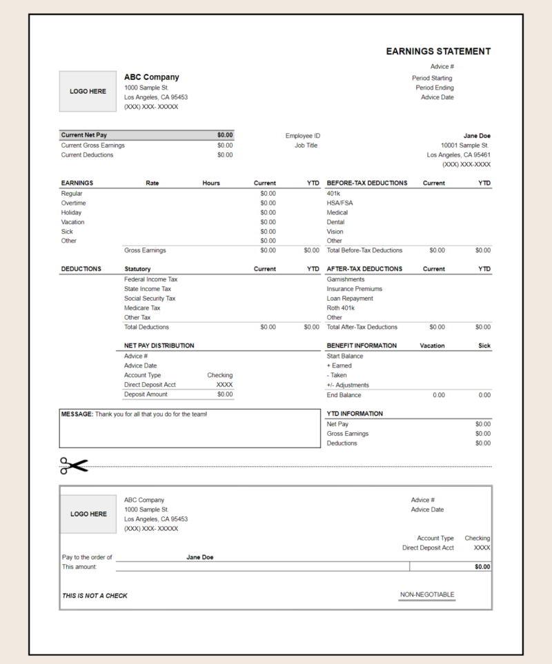 120 A blank earnings statement template with before-tax and after-tax deductions, benefit information and a detachable section.