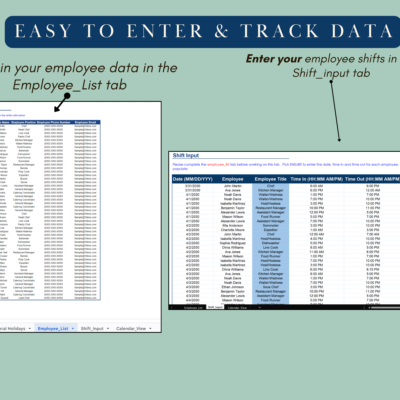 Enter employee data in the employee list tab and shifts in the shift input tab.