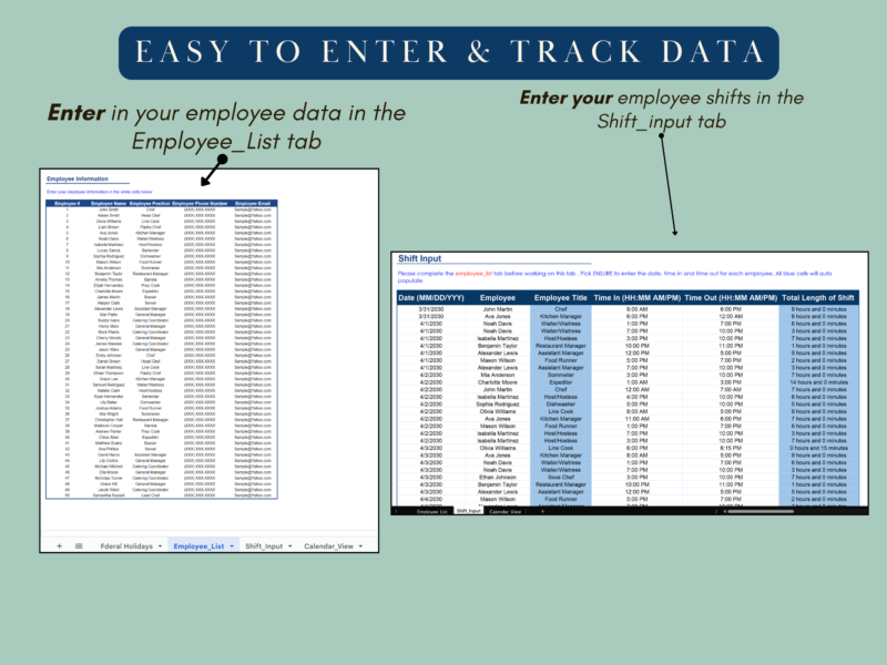 Enter employee data in the employee list tab and shifts in the shift input tab.