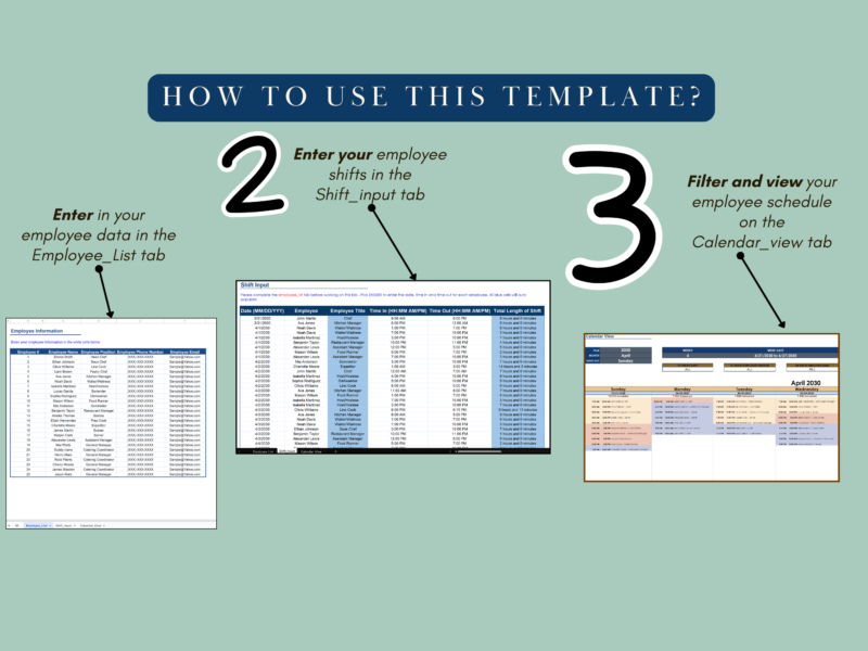 How to use it: enter employees in the employee list tab, enter shifts in the shift input tab, then filter and view the schedule in the calendar view tab.