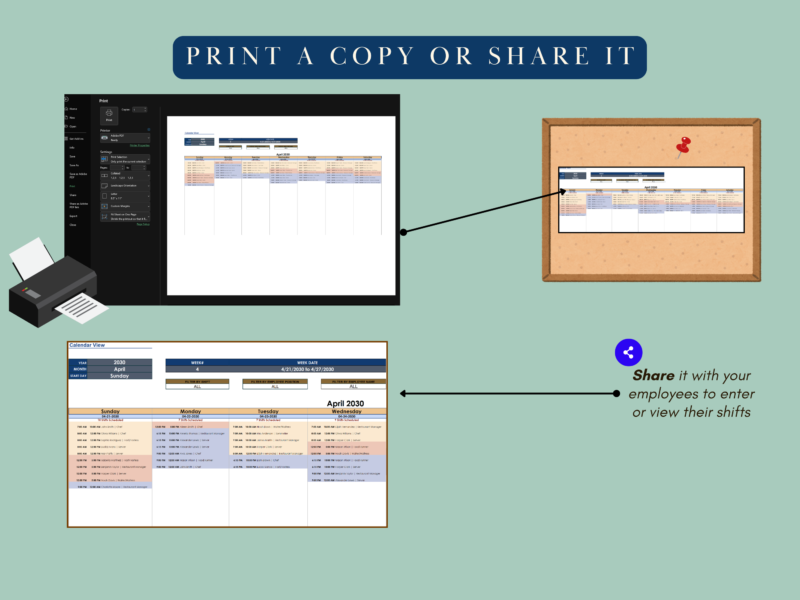 Print the schedule, or share it so employees can view their shifts.