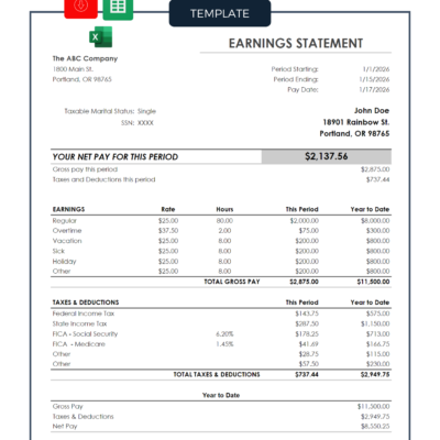 188 Pay stub template showing an earnings statement: net pay for the period, earnings by type with rate and hours, taxes and deductions, and year-to-date totals. PDF, Excel and Google Sheets.