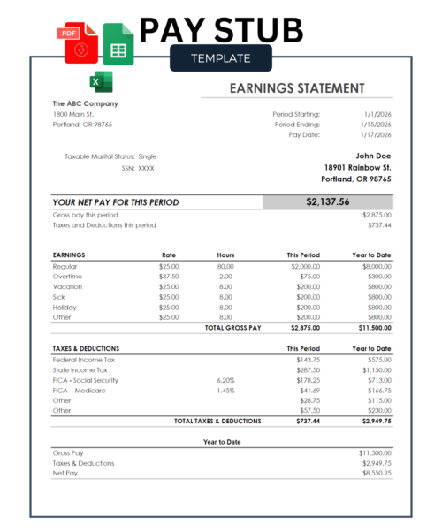 Pay stub template showing an earnings statement: net pay for the period, earnings by type with rate and hours, taxes and deductions, and year-to-date totals. PDF, Excel and Google Sheets.