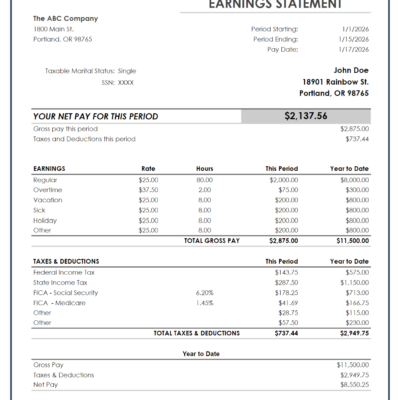 189 Pay stub showing an earnings statement for a sample employee: net pay for the period, earnings by type, taxes and deductions, and year-to-date gross pay, taxes and net pay.