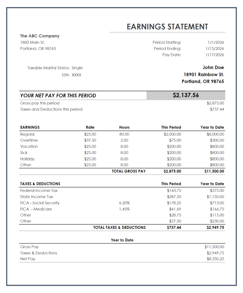 189 Pay stub showing an earnings statement for a sample employee: net pay for the period, earnings by type, taxes and deductions, and year-to-date gross pay, taxes and net pay.