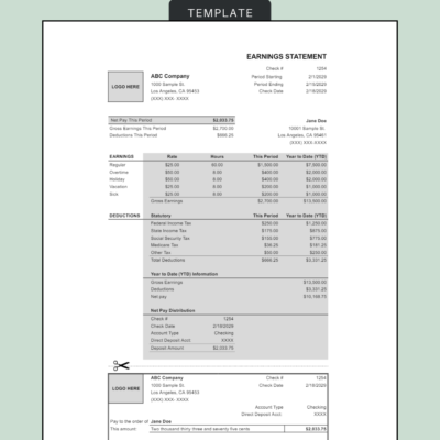 190 Pay stub template with logo spaces and year-to-date totals: net pay for the period, earnings by type including vacation and sick, taxes, year-to-date information, net pay distribution and a detachable pay section.