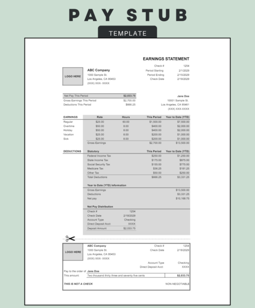Pay stub template with logo spaces and year-to-date totals: net pay for the period, earnings by type including vacation and sick, taxes, year-to-date information, net pay distribution and a detachable pay section.