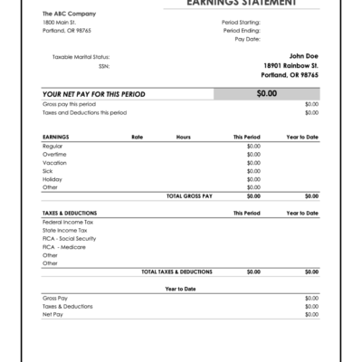 190 A blank earnings statement template ready to fill in.