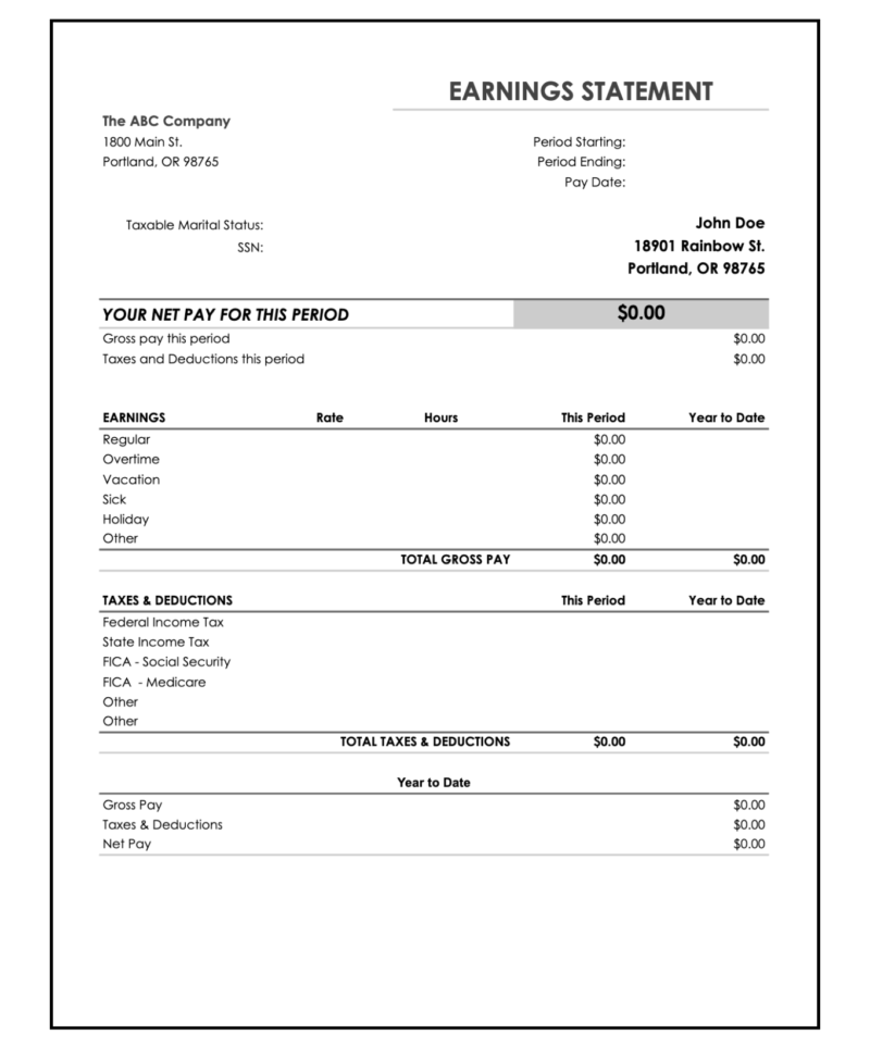 190 A blank earnings statement template ready to fill in.
