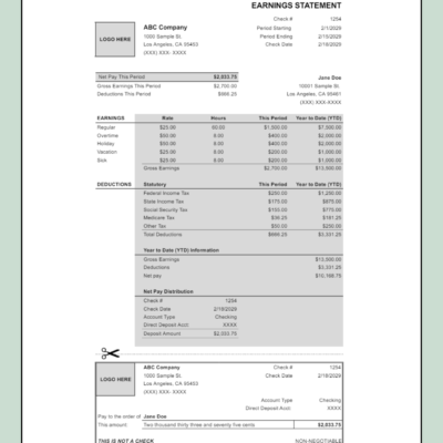 191 Earnings statement with logo spaces and year-to-date totals: net pay this period, earnings including vacation and sick, statutory deductions, year-to-date information, net pay distribution and a detachable section.