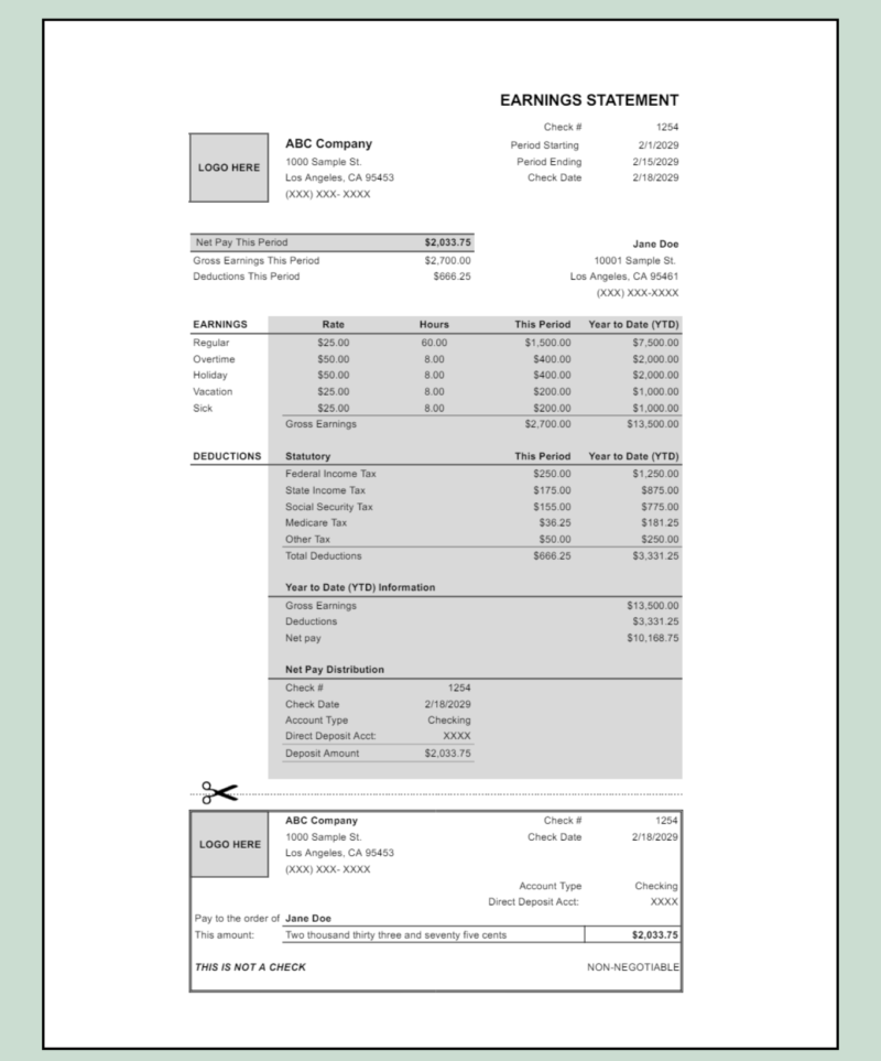 191 Earnings statement with logo spaces and year-to-date totals: net pay this period, earnings including vacation and sick, statutory deductions, year-to-date information, net pay distribution and a detachable section.