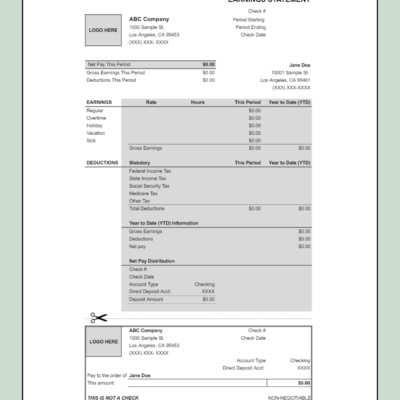 192 A blank earnings statement template with logo spaces, year-to-date totals and a detachable section.