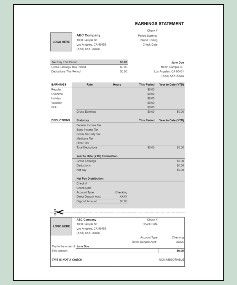 192 A blank earnings statement template with logo spaces, year-to-date totals and a detachable section.