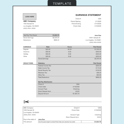 Pay stub template with a logo space: net pay for the period, gross earnings and deductions, earnings by type, taxes, net pay distribution, and a detachable pay section.