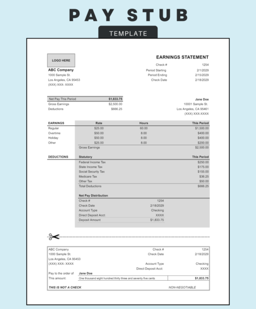 Pay stub template with a logo space: net pay for the period, gross earnings and deductions, earnings by type, taxes, net pay distribution, and a detachable pay section.