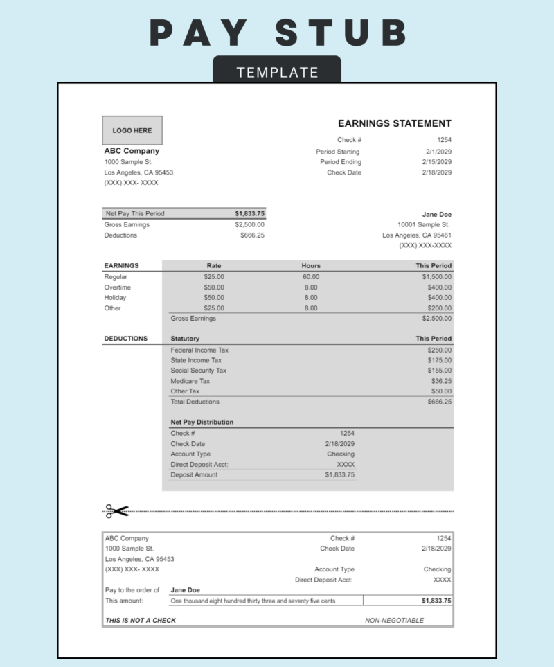 Pay stub template with a logo space: net pay for the period, gross earnings and deductions, earnings by type, taxes, net pay distribution, and a detachable pay section.